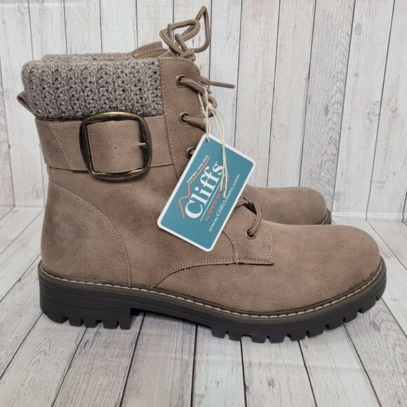 NWB Cliffs by White Mountain Mentor Knit Collar Combat Boot Stone Tan Brown - Picture 5 of 9